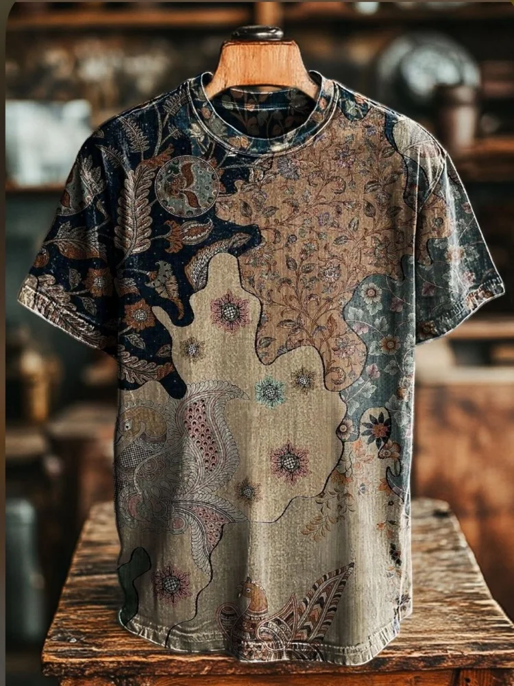 

Men's Vintage Ethnic Artistic Paisley Pattern Boho Short Sleeve T-Shirt 2025 New Retro Style Round Neck Holiday Basic Tops Males