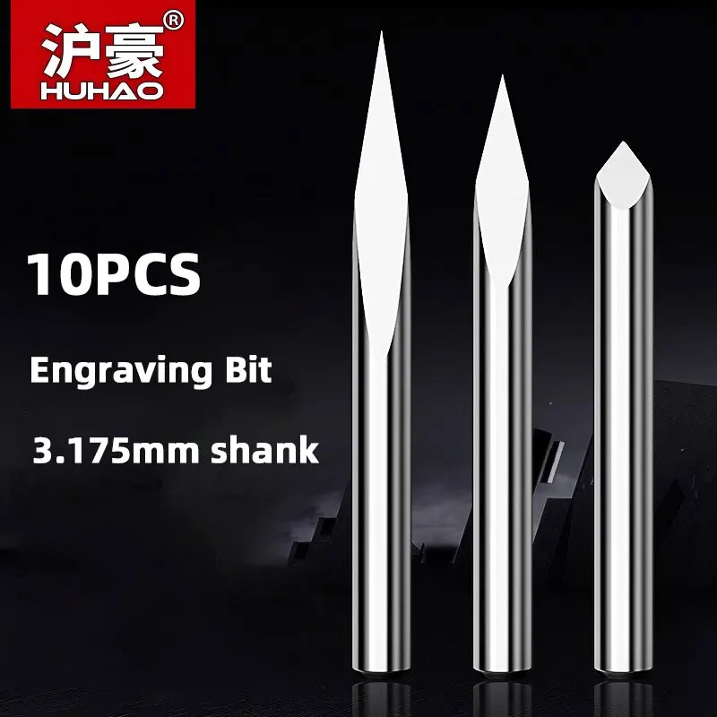 

HUHAO 10PCS CNC Router Bit PCB Engraving Bit 3.175mm Shank Carbide End Mill Wood 3D Engraving Milling Cutter Tip 0.1 0.2 0.3mm