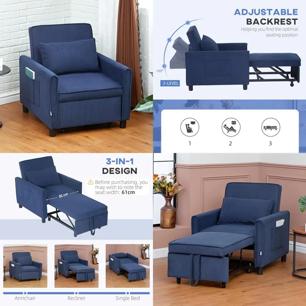 Multi-Functional Convertible Chair Bed, Single Sofa Sleeper with Adjustable Backrest and Pillow
