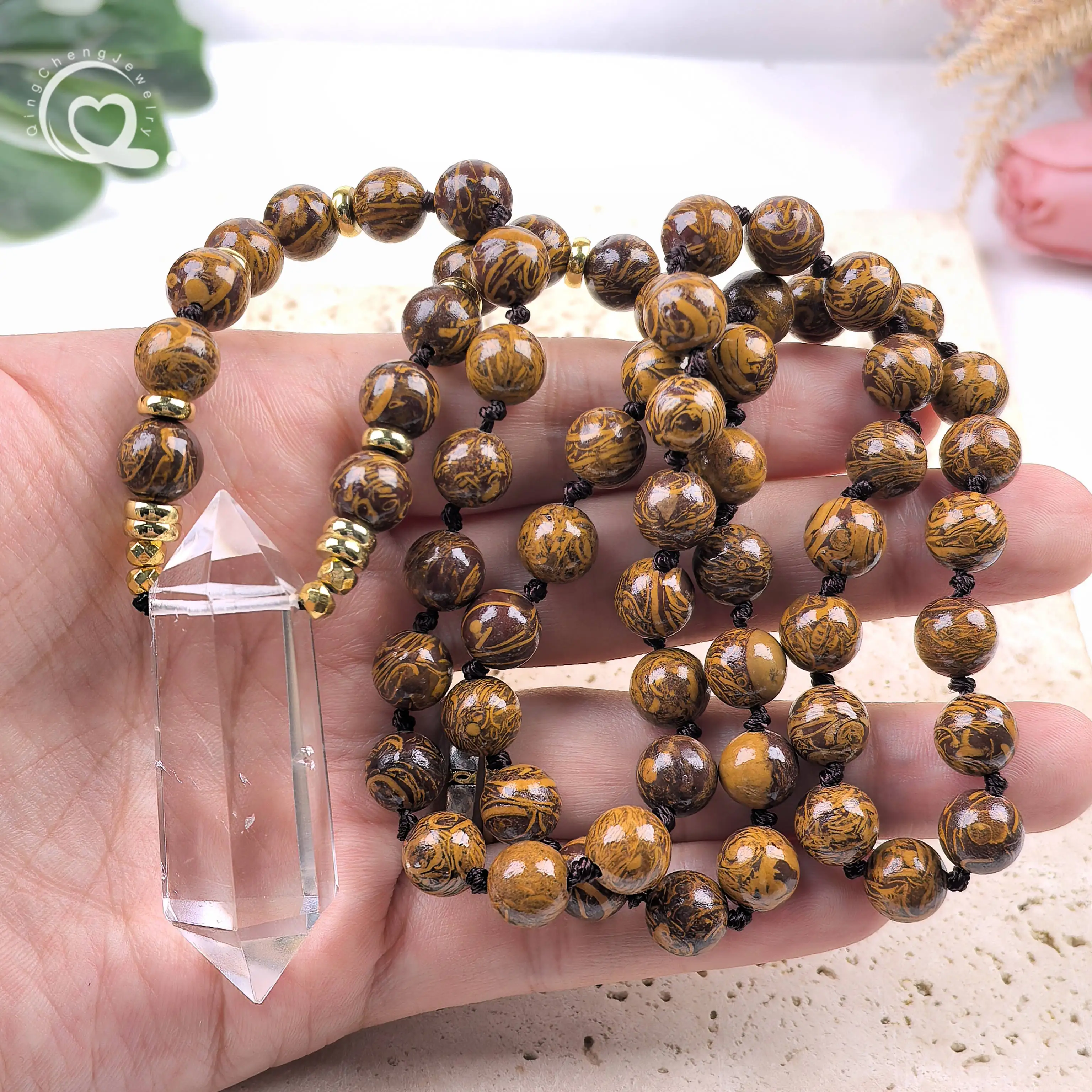 

Healing Crystal Double Point Pendants Yoga Necklace 8mm Gold Line Jasper Round Beads Knot Handmade Mala Prayer Jewelry,QC0200