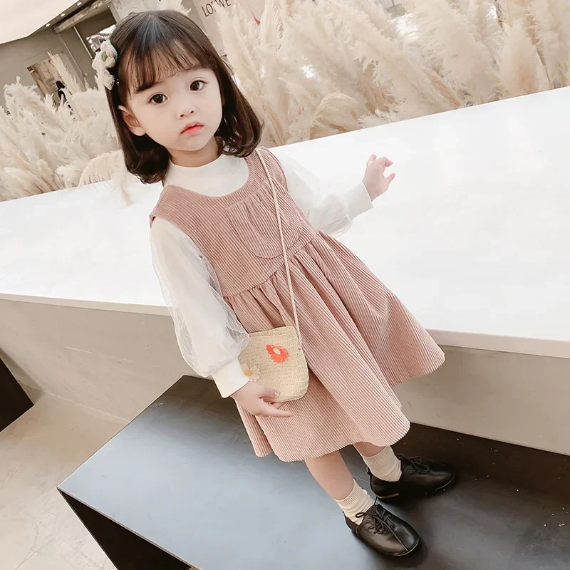 Girls Casual Dresses Bubble Sleeve Set 2024 Spring Autumn New Childrens Korean Fashion Little Girl Velvet Vest Skirt Cover