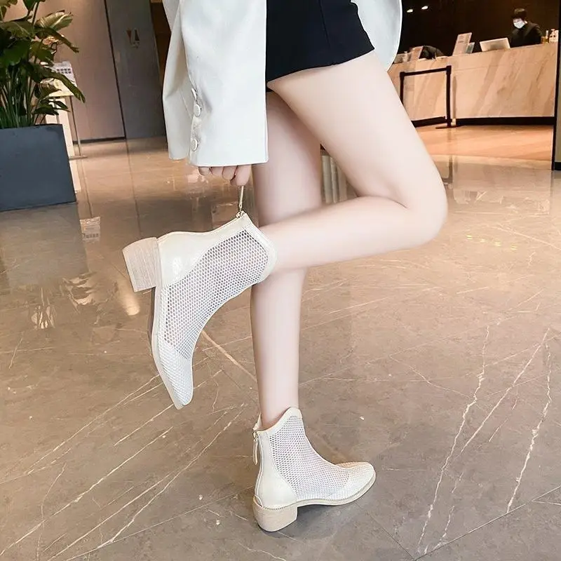 Booties Tassel Female Ankle Boots Pointed Toe Sandals Footwear Mesh Short Shoes For Women Fashion 2024 On Offer Promotion Hot Pu