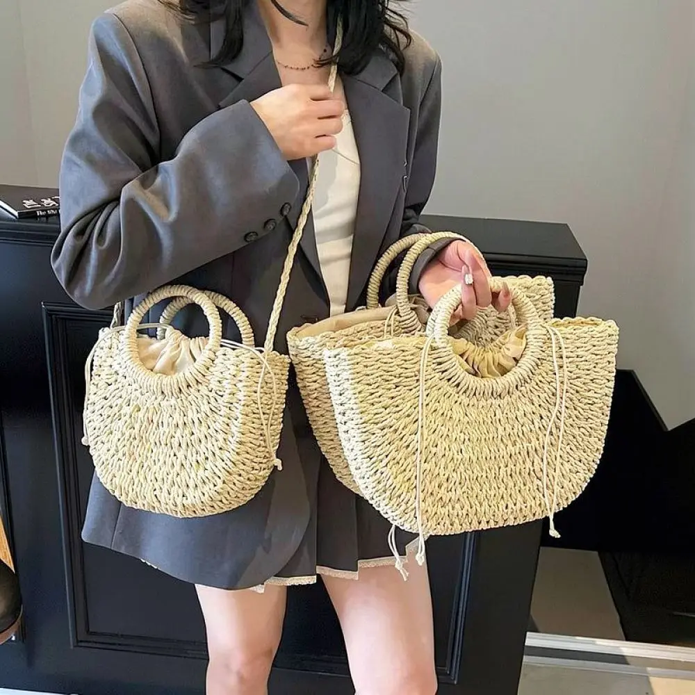 Vintage Straw Woven Handbag Women Half Round Summer Beach Bag Casual Handmade Paper Rope Purse Fashion Crossbody Shoulder Tote