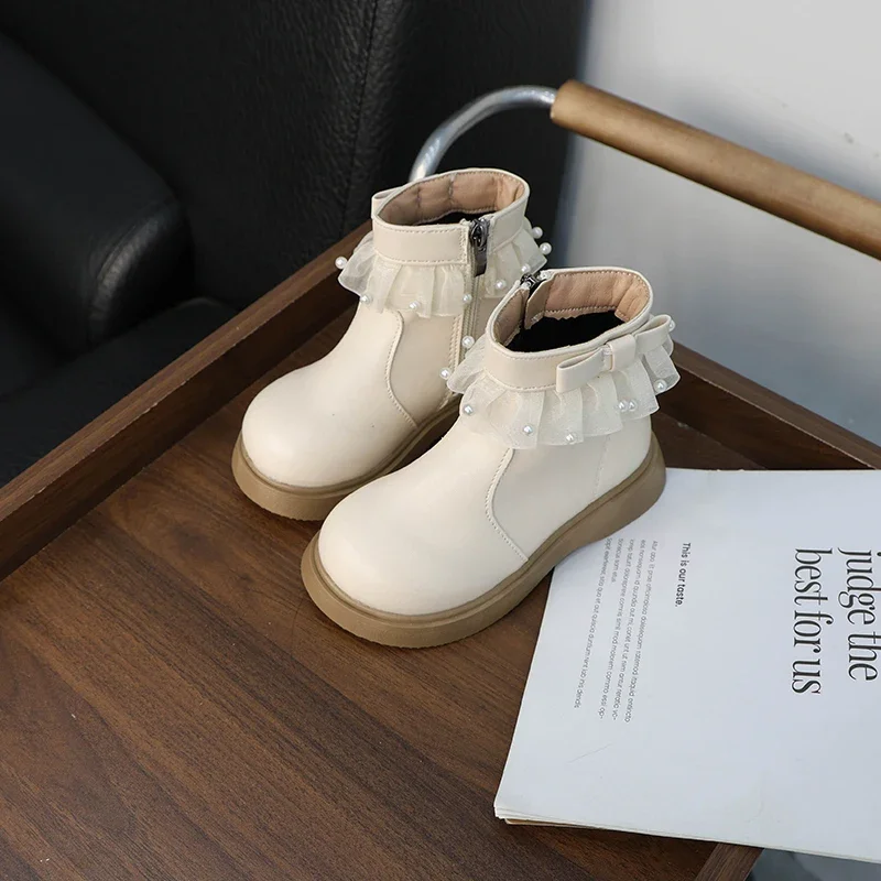 

Sweet Girls Causal Princess Ankle Boots Wedding Party Kids Fashion Boots Trend Lace Ruffled Edge Children Leather Boots Classic