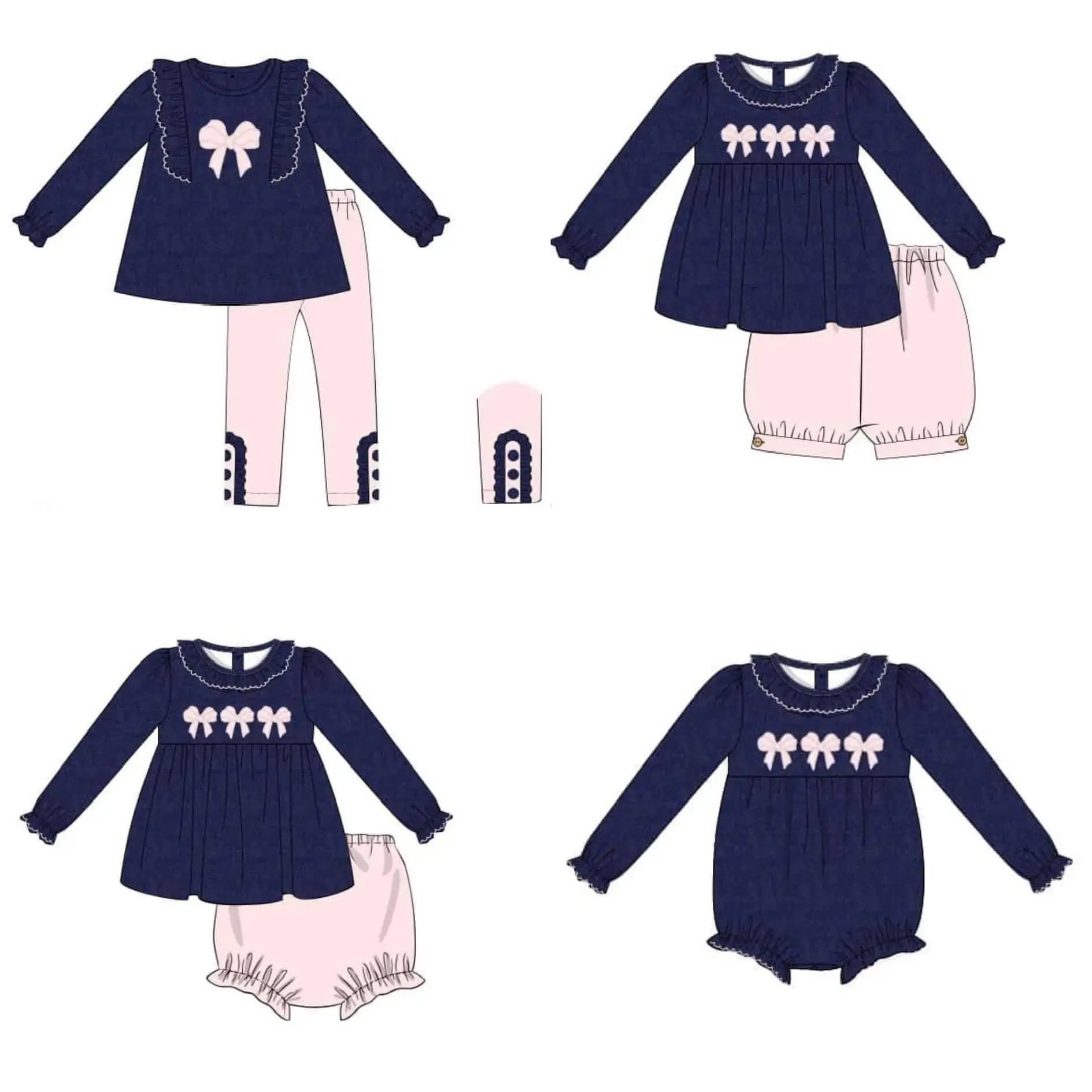 Toddler Autumn Clothing Wholesale Girls Long Sleeve Suit Pink Bow Print Boutique Milk Silk Children\'s Clothing