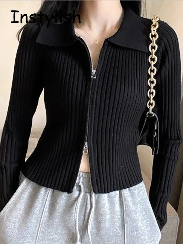 Sexy Lapel Double Zipper Knitted Sweater Korean Harajuku Slim Cardigan Women Autumn Elegant Knit Coat Vintage Bodycon Sweater