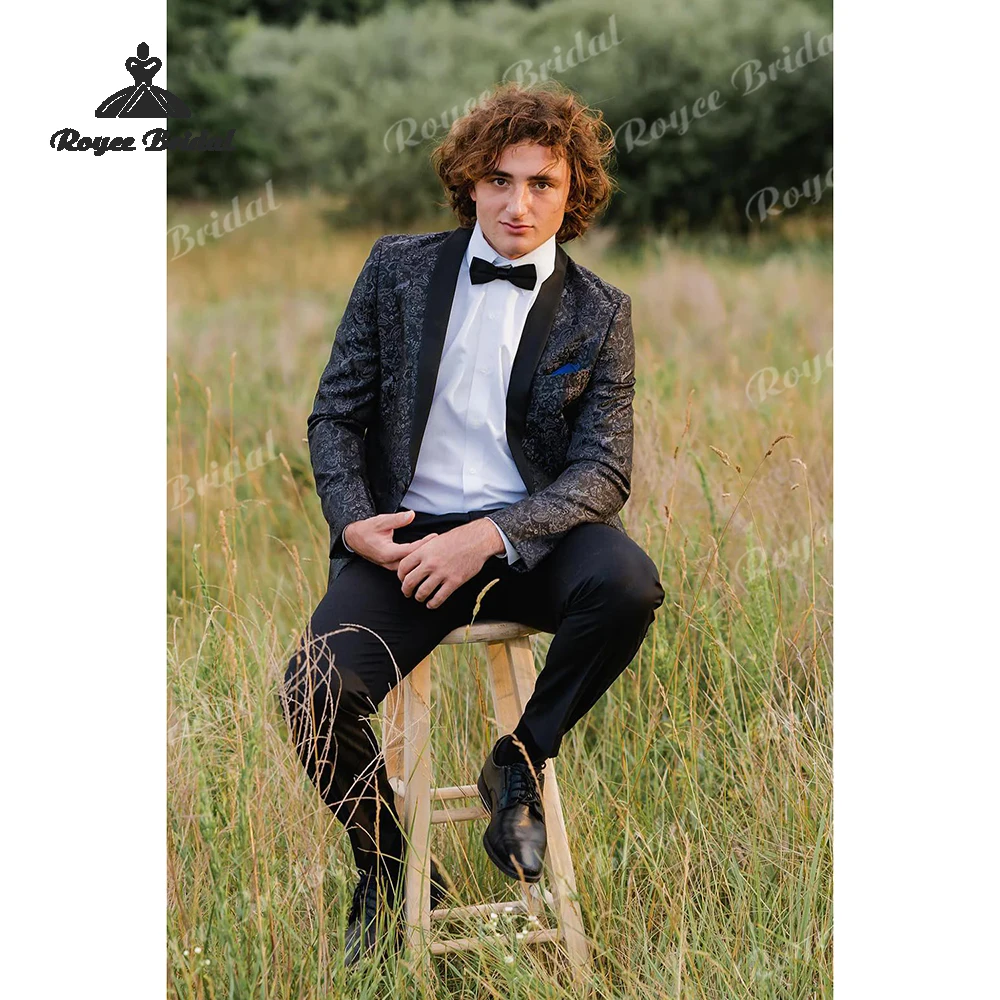 Preto jacquard duas peças terno masculino casamento 2026 xale lapela único breasted fino ajuste baile de formatura terno de noite traje homme mariage
