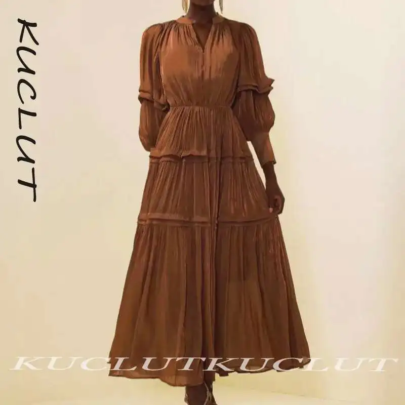 

KUCLUT 2025 Fashion New Items V-neck Flounce Long Sleeve Women's Dress Evening Party Elegant Mesh Pleated Dresses Female K415
