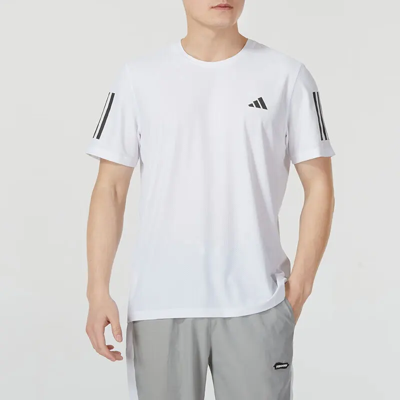 Adidas White Simple Sports Short - sleeve T - shirt. With a Classic Brand Logo and Striped Design, and Breathable Fabric