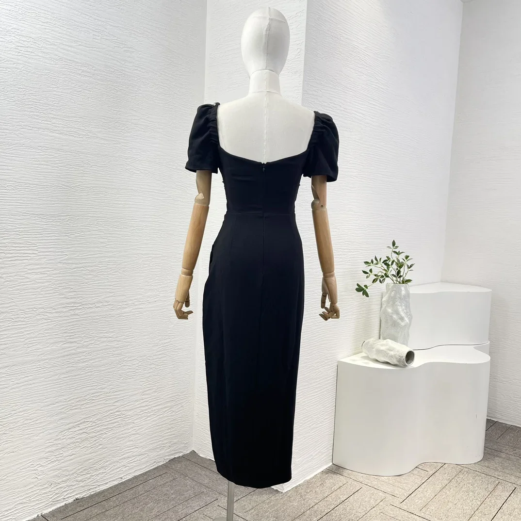 Crystal Bow Neck Black Midi Dress High Quality Short Sleeve Pleated Slip Side Slim Dresses for Women 2024