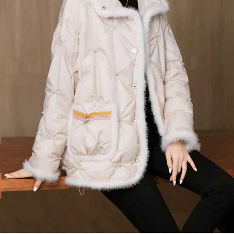 2024 Down cotton Jacket Women Casual Stand Collar with Fur White Jacquard Single Breasted Comfortable Long Sleeve Puff Jacket