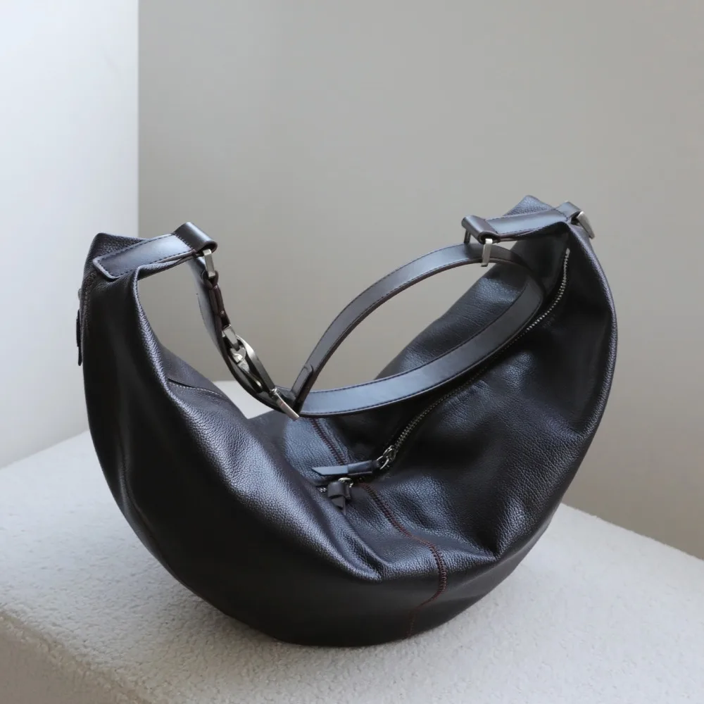 

High Quality Commuter Hobo First Layer Cowhide Single Shoulder Crossbody Croissant Retro Croissant Underarm Bag Large Capacity