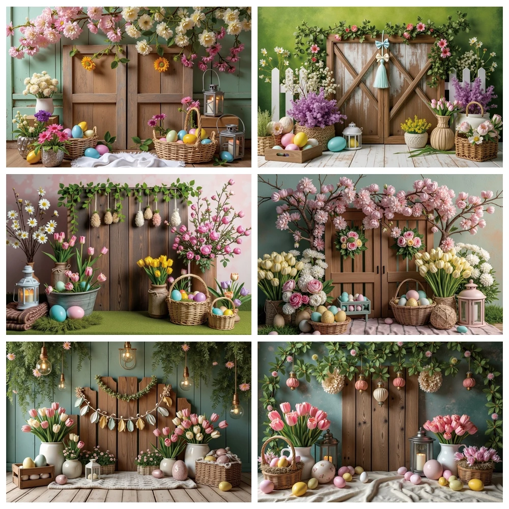 

MOON.QG Easter 2025 Baby Children Photo Background Wood Fence Door Egg Party Photography Studio Backdrop Spring Party Decoration