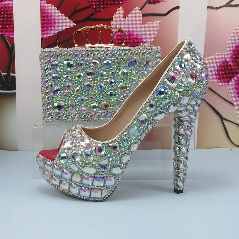 BaoYaFang AB Bling crystal Bridal Wedding shoes and purse for Women Shining Rhinestone High Pumps shoes female Open Toe