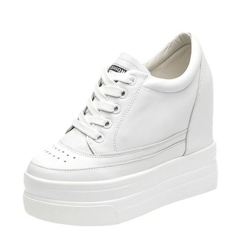 

Туфли из натуральной кожи 11 см, новые осенне-зимние женские кроссовки с высоким берцем на шнуровке, повседневная обувь на высоком каблуке, увеличивающая танкетку