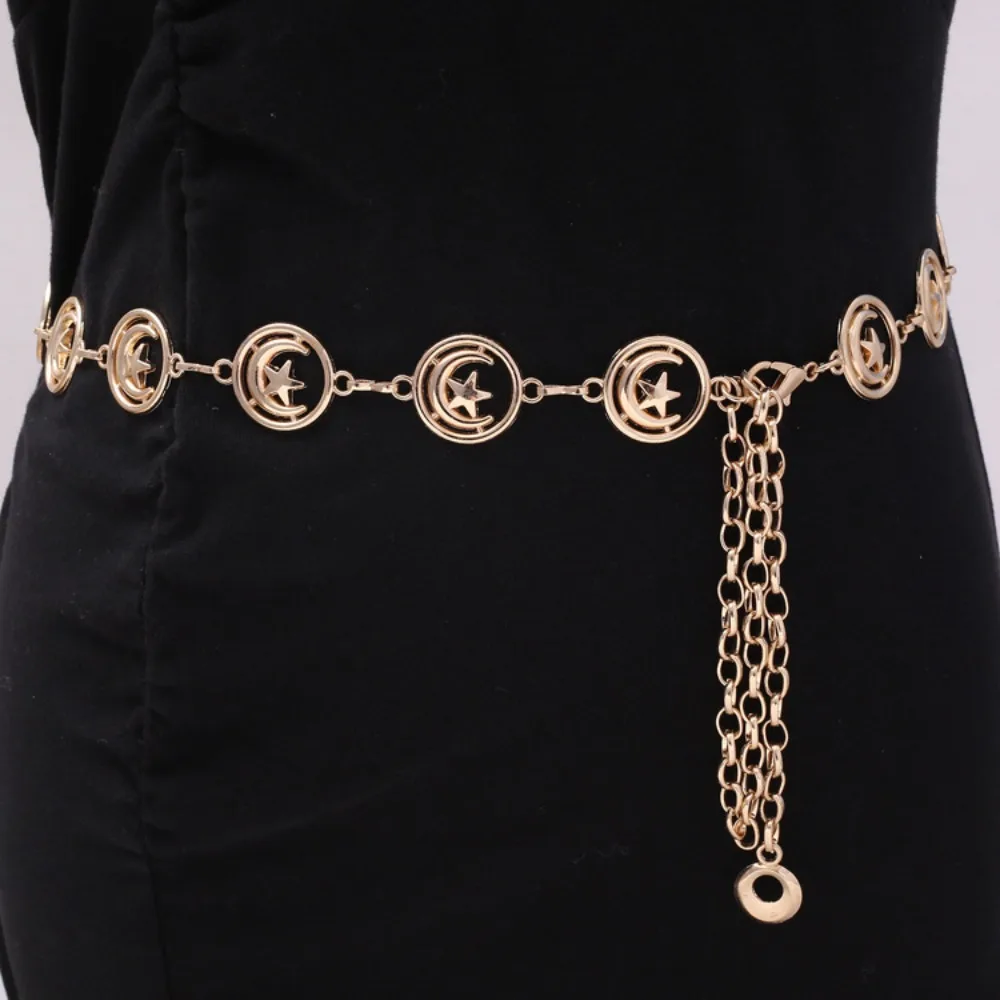 Fashion Vintage Moon Star Waist Chain Metal Gold Silver Woman Chain Belt Hip Hop Dress Cummerbands Clothing Accessories
