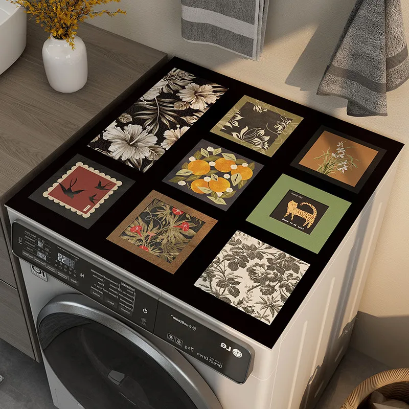 VIKAMA Vintage Collage & Floral Frame Diatom Mud Washing Machine Mat, 6 Designs, Non-Slip Absorbent Cover