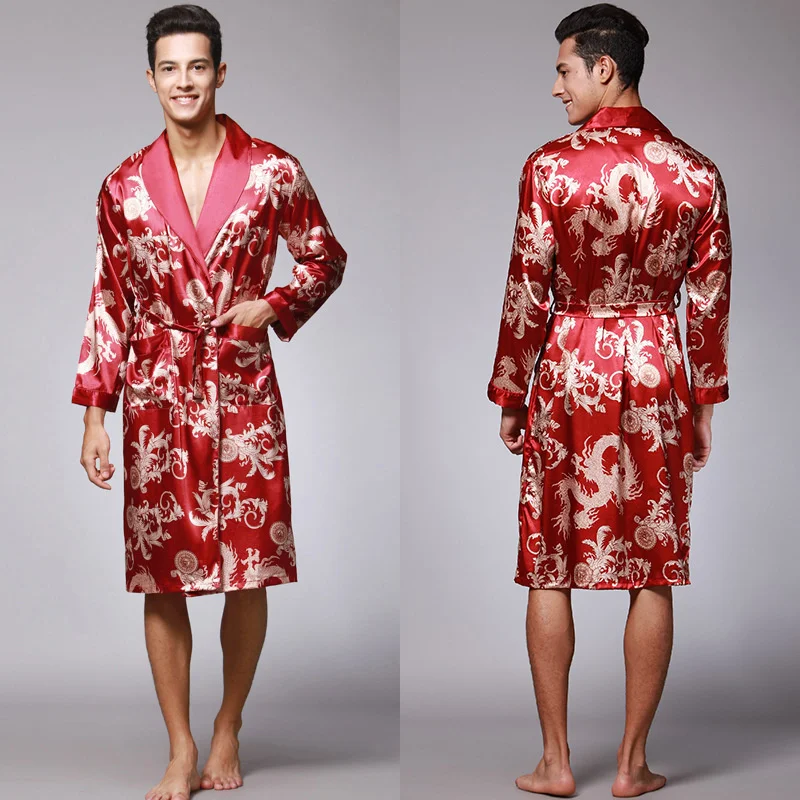 Men Summer Autumn Kimono Bath Robe Silk Satin Golden Dragon Long Bathrobe Dressing Gown Knee Length Black Sleepwear