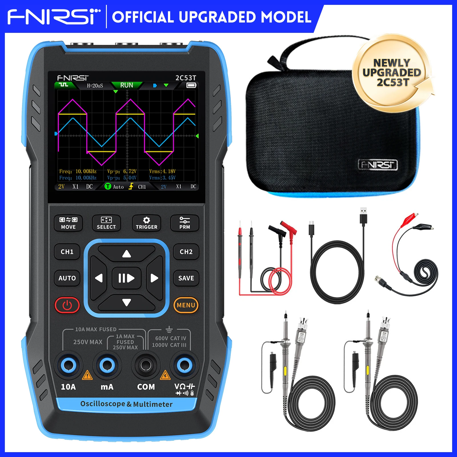 

FNIRSI 2C53T Upgraded Handheld Oscilloscope, 50MHz Bandwidth, 3IN1 Digital Oscilloscope Multimeter DDS Generator, 250MS/s Sampli