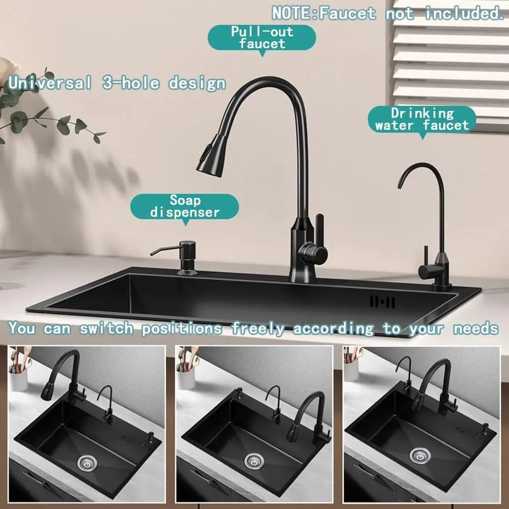 อ่างล้างจานแบบดรอปอินสีดำพร้อมที่จ่ายสบู่และตะกร้าระบายน้ำ ขนาด 19.7x17.7x7.9 นิ้ว