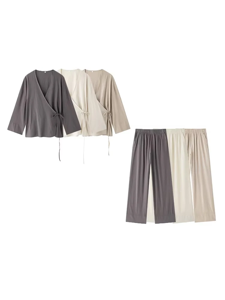 TRZA Women Fashion With Tied Loose Kimono Blouses And High Elastic Waist Side Pockets Pants Female Two Piece Sets Mujer