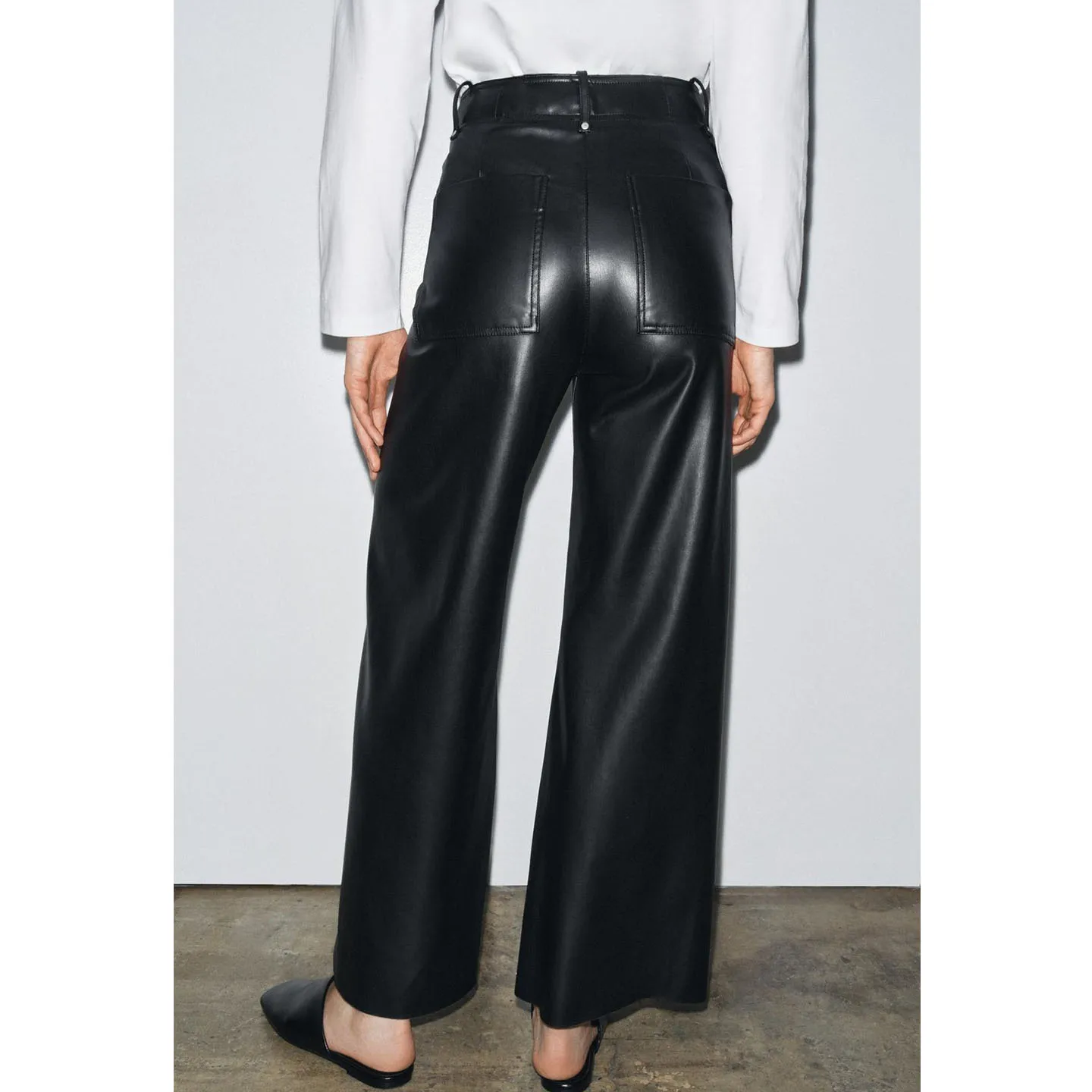 High Waist Cus-Made Women's Leather Look PU Pants New Autumn Design Loose Wide Leg Trousers for Ladies Polyester Fiber