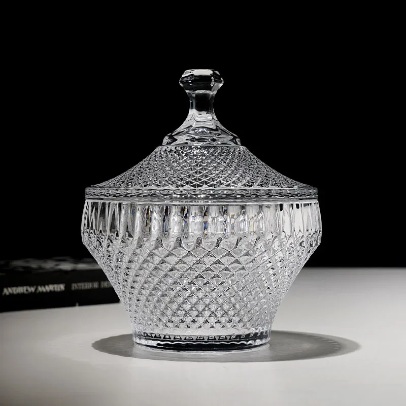 Exquisite Diamond Crystal Glass Candy Jar Transparent Large Dried Fruit Snacks Storage Tall Storage Jar Luxury Ornaments