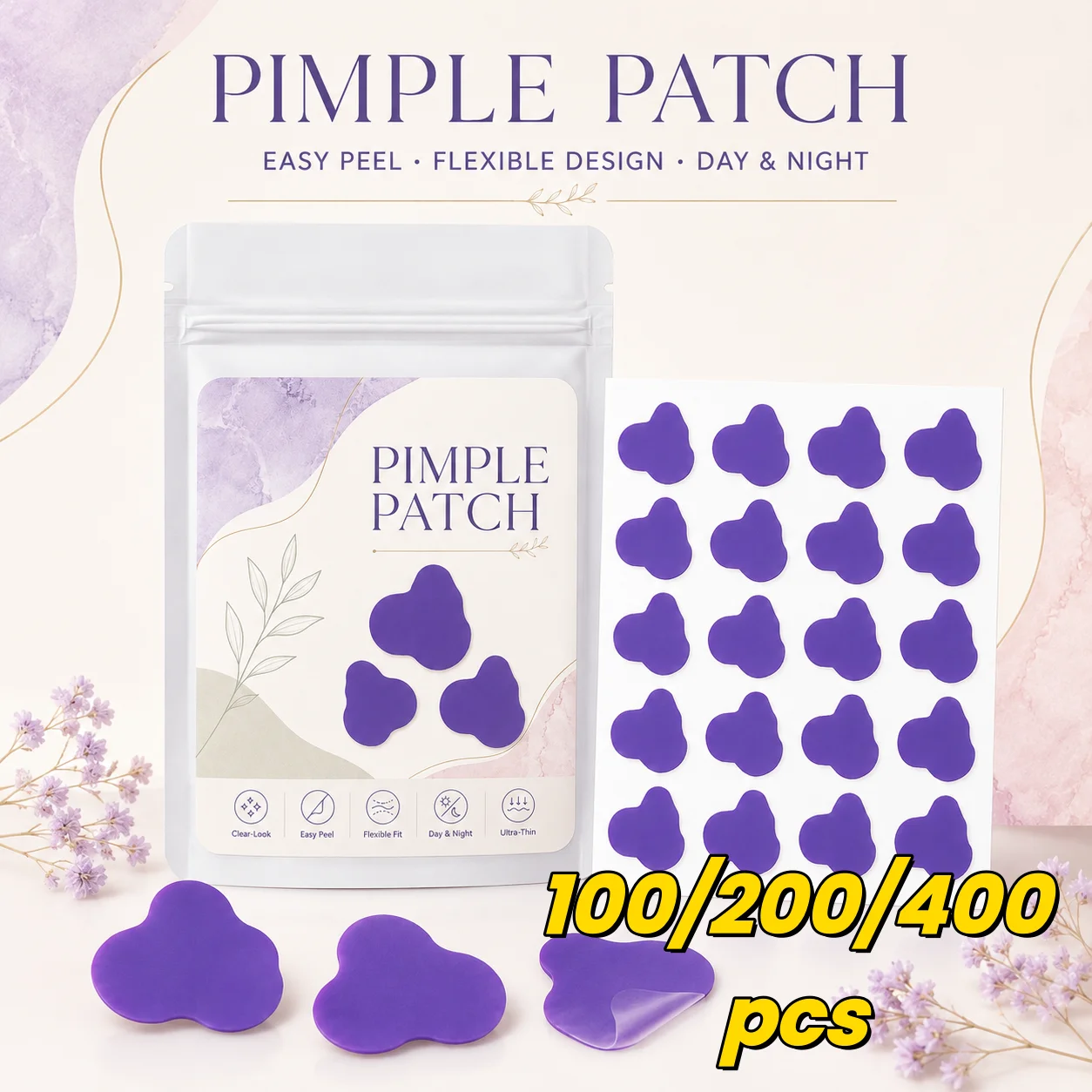 Patchs anti-acné (100/200/400 pièces), 20 par feuille, formes nuages violets – Flexibles, faciles à appliquer, élégants pour un usage quotidien