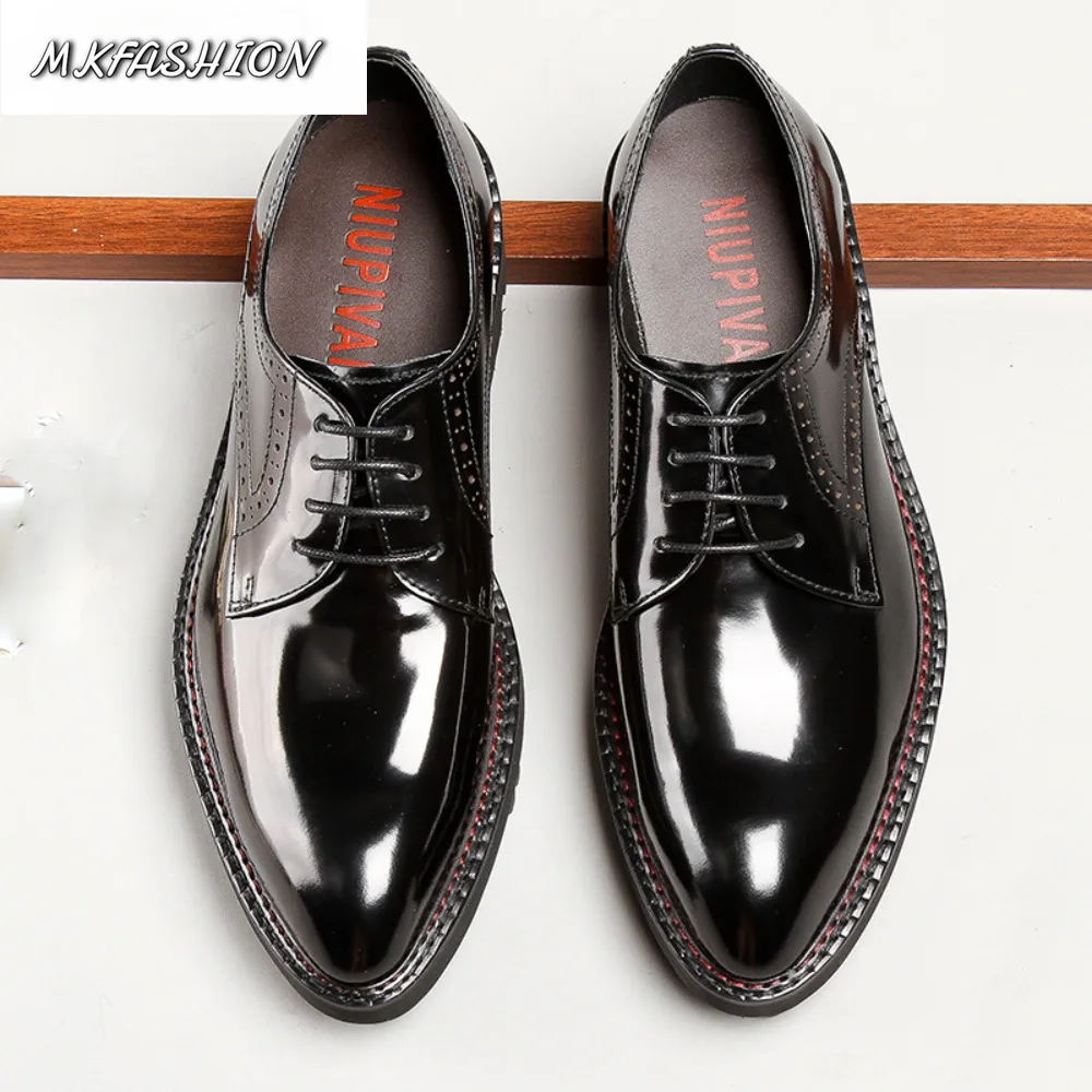 New Men Breathable Leather Dress Shoes Thick Bottom Height Increasing Business Formal Black