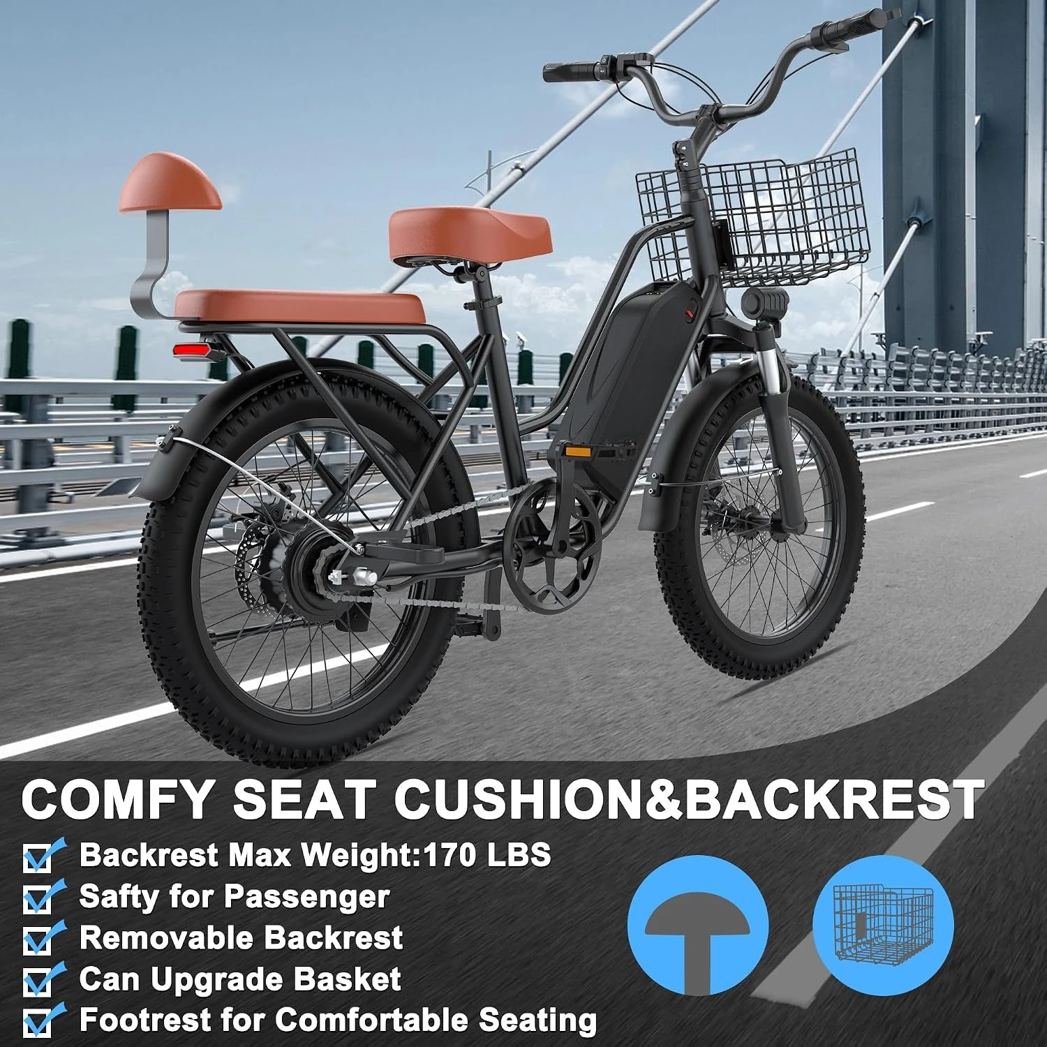 1000W 2-Seater Electric Bike 48V 13Ah Battery with Front Basket & Rear Seat for Commuting, Customized
