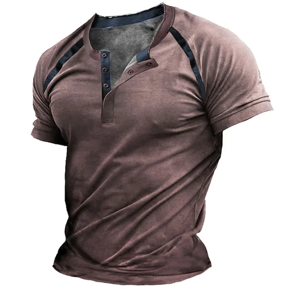 تي شيرت رجالي من Henley صيفي بأزرار جرافيك عادي بطباعة ثلاثية الأبعاد ملابس غير رسمية بأكمام قصيرة ملابس علوية كبيرة الحجم ملابس الشارع