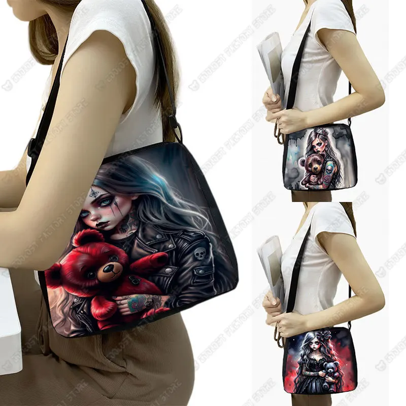 

Cartoon Gothic Girl and Bear Doll Print Shoulder Bag Goth Girl Women Handbag for Travel Key Phone Holder Portable Crossbody Bag
