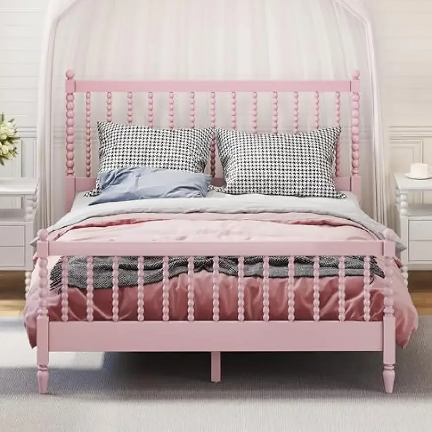 

Queen Size Wood Platform Bed with Gourd Shaped Headboard and Footboard,Pink