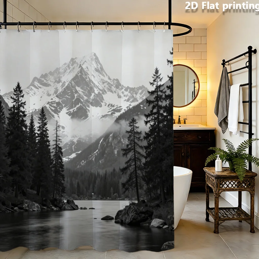 2D Flat, 2D Flat, 1QC 2D Flat Printing Shower Curtain, Black and White Mountain and Forest Scene, Polyester, Lightweight 100-120