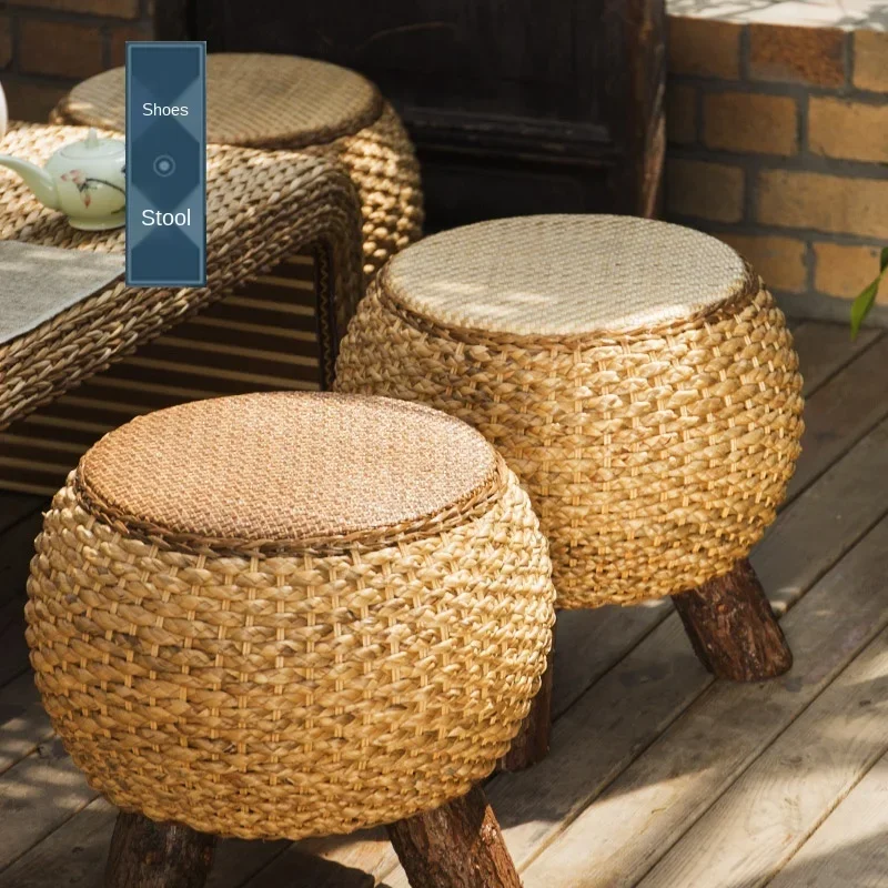 Handmade Rattan Pouf Strong Loadbearing Low Durable Creative Round Stool Countryside Taburete EcoFriendly Material