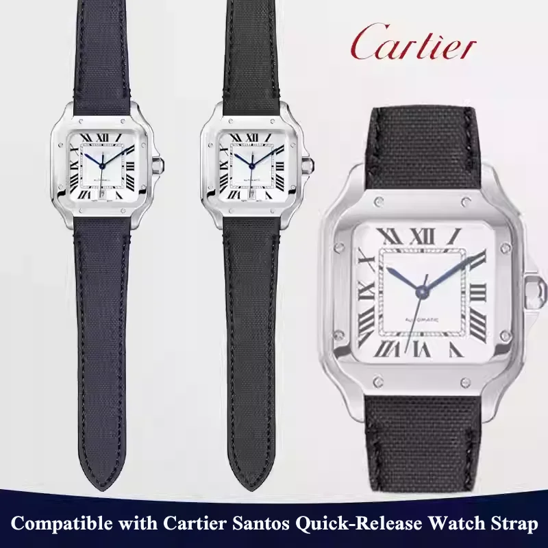 21mm quick release Nylon watch strap for Cartier Santos L cowhide leather steel end piece watch band soft comfortable bracelet