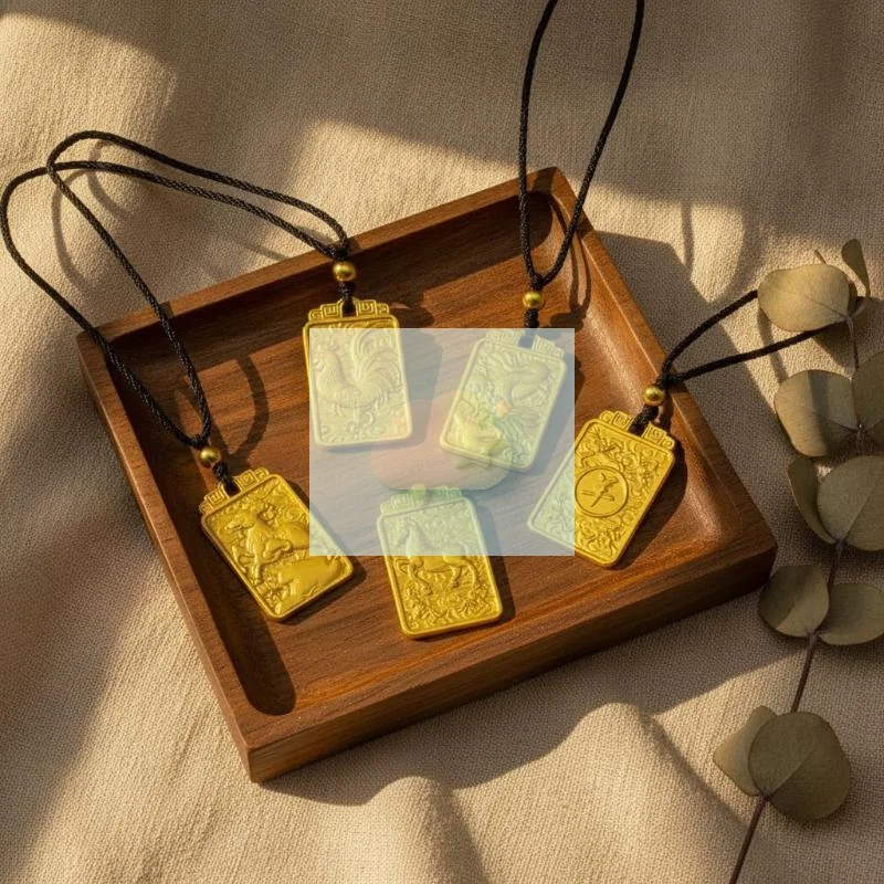 Gold Plated Chinese Zodiac Pendant Necklace Engraved Auspicious Patterns