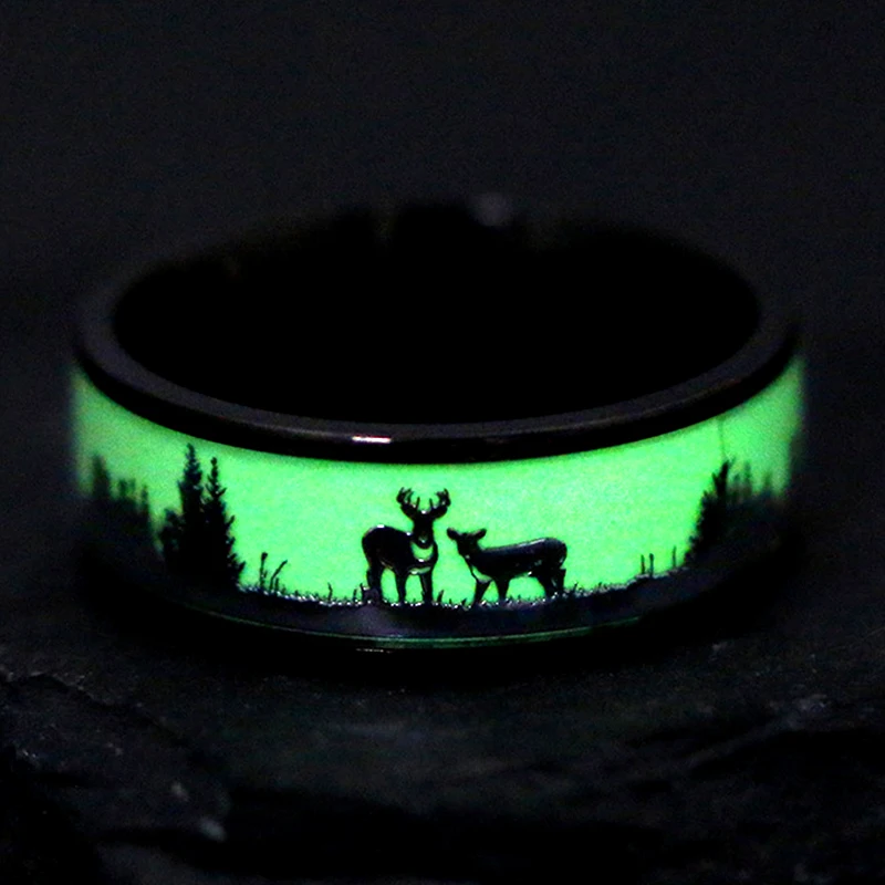 

Fashion Stainless Steel Luminous Black Tungsten Hunting Men's Ring Retro Deer Silhouette Glowing Wedding Ring Jewelry Wholesale