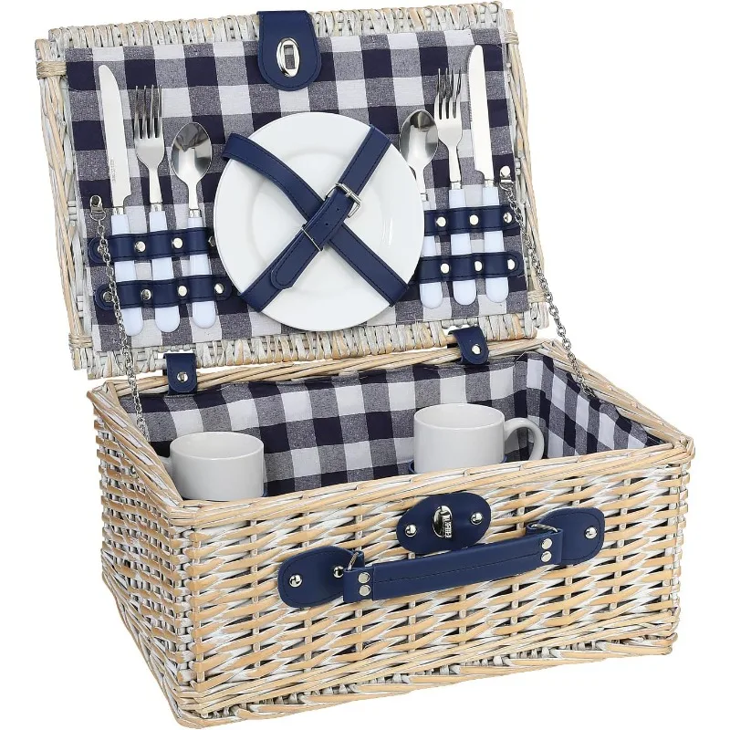 

Arolo Outdoor Picnic Basket, Vintage White with Navy/White Lining, Basket for 2 People