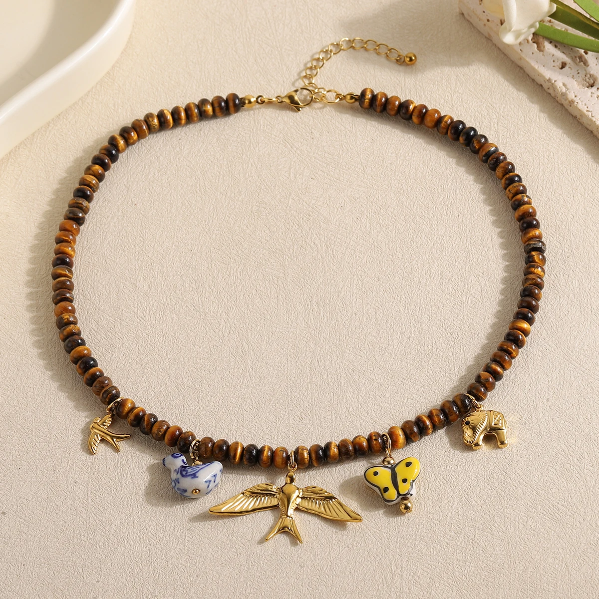 Vintage Multi Animal Charm Tiger Eye Bead Necklace Hand Painted Ceramic Butterfly Blue Porcelain Bird Pendant Gift view 2