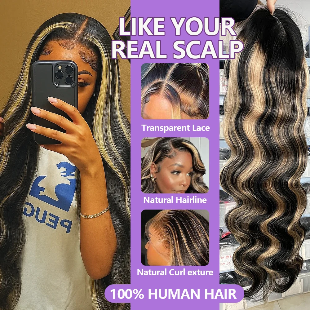 1B/27 Balayage Highlight Body Wave Wig Human Hair 30 Inch 13x4 HD Lace Frontal Wig Ombre Blonde Highlight Brazilian Hair  Wigs image 5