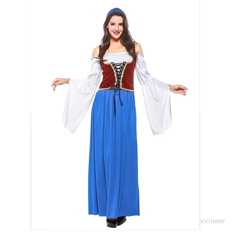 Germany Munich Oktoberfest Bavarian Traditional Dress Bar Party Beer Maid Waitress Masquerade Girl Cosplay Costume Blue Dress