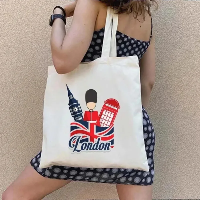 London UK Paris Printing Ladies Canvas Tote Casual Animal Shoulder Bag Eco Large Capacity Portable Travel Shopping Bag Schoolbag view 2