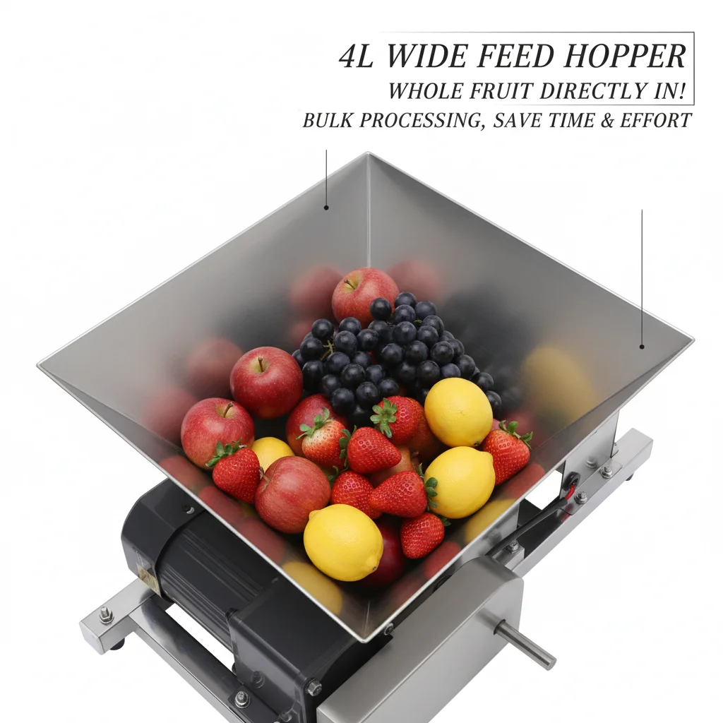 Image of 60W Elektrische Fruchtzerkleinerungsmaschine, Edelstahl-Obst- und Brotmühle für die Weinherstellung, 44lbs/h Kapazität, Vorwärts-/Rückwärtsfunktion, Silber