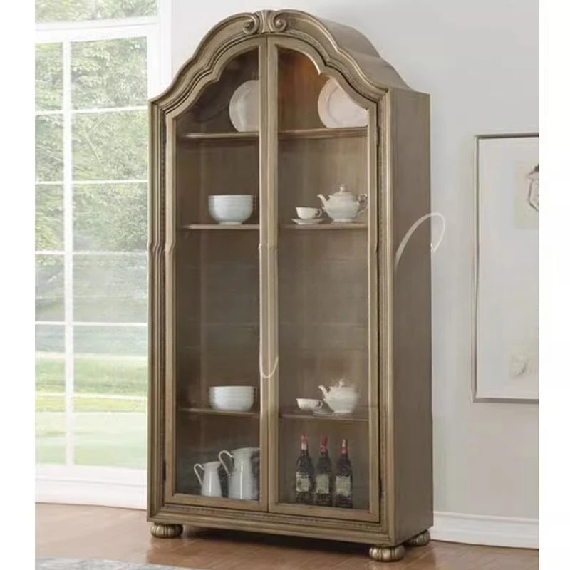 

French carved glass door solid wood wine cabinet dining side cabinet American light luxury living room storage cabinet display