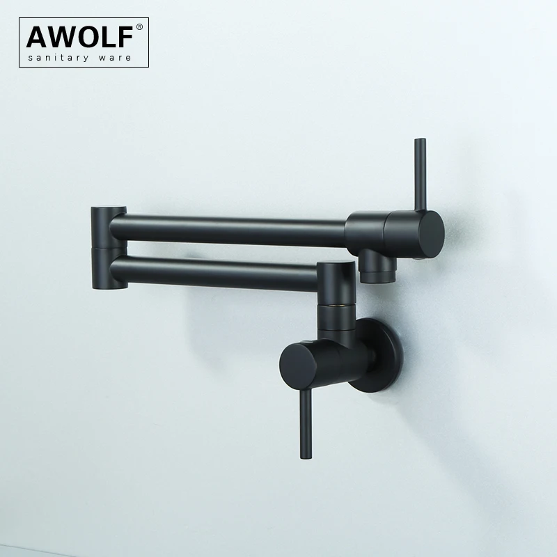 Awolf Matt Black Pot Filler Kitchen Faucet Wall Mounted Folding Faucet Tap 360 Degree Rotation Solid Brass Sink Water Tap FW008