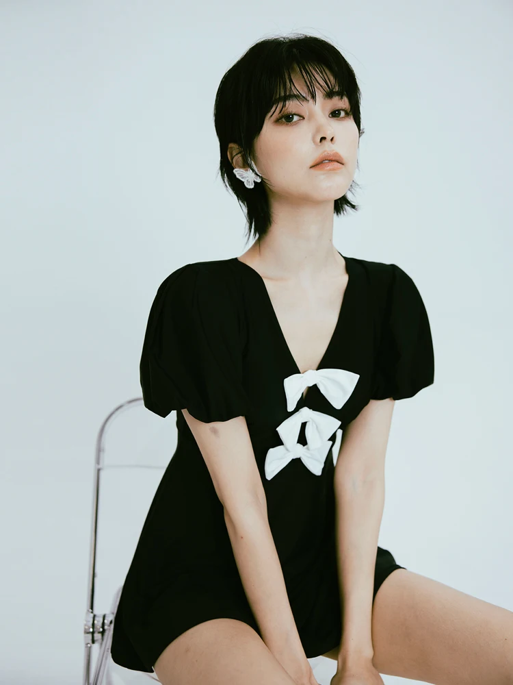 Black And White W Minor One-Piece Thermal Swimwear Slimming Style Conservatism Independent Bottom Belly Covering Swimsuit