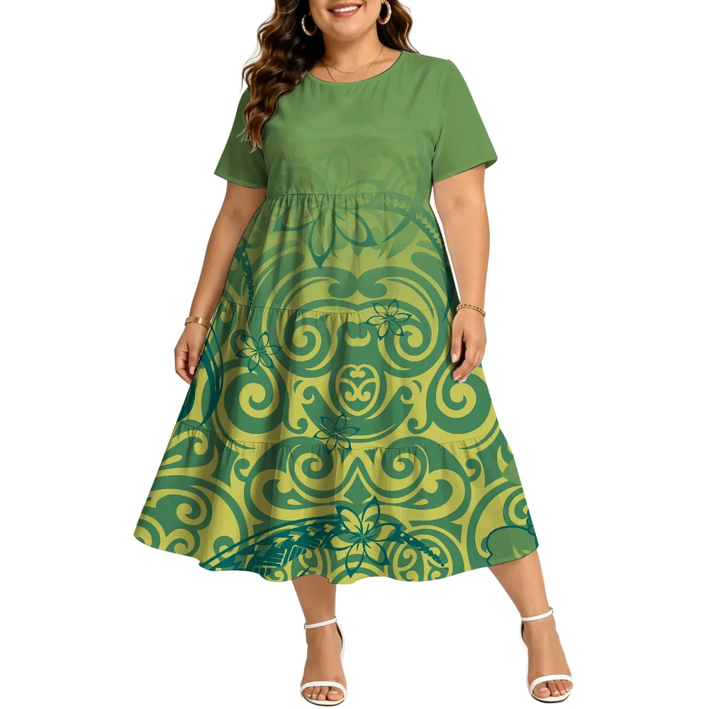 Customized Round-Neck Short-Sleeved Women'S Dress For Polynesian Island With Unique Ethnic Style. Samoa And Tonga Party Dress