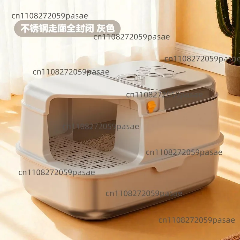 The cat litter box is a corridor-style fully enclosed, splash-proof and odor-proof large stainless steel
