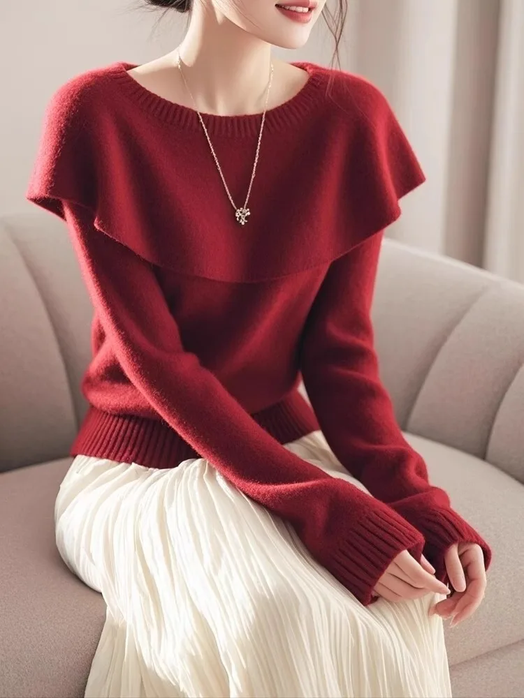 سترة نسائية محبوكة باللون الأحمر لربيع الخريف تصميم عالي ناعم ومريح علوي Sle للتنقل عتيق فضفاض مناسب مستدير Ne Long Sve